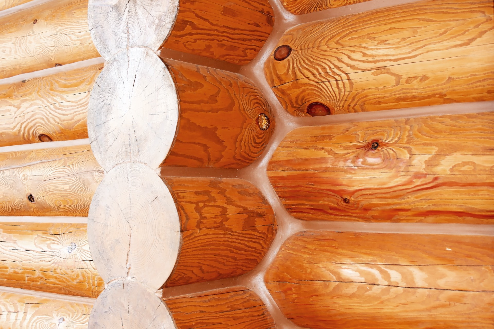 Оцилиндрованное бревно деревянного дома после шлифовки и окраски с герметизацией швов (Тёплый шов)